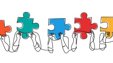 Colleagues putting together puzzle pieces. Teamwork and cooperation for business. Hand drawn vector illustration.