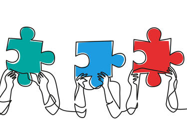 Colleagues putting together puzzle pieces. Teamwork and cooperation for business. Hand drawn vector illustration.